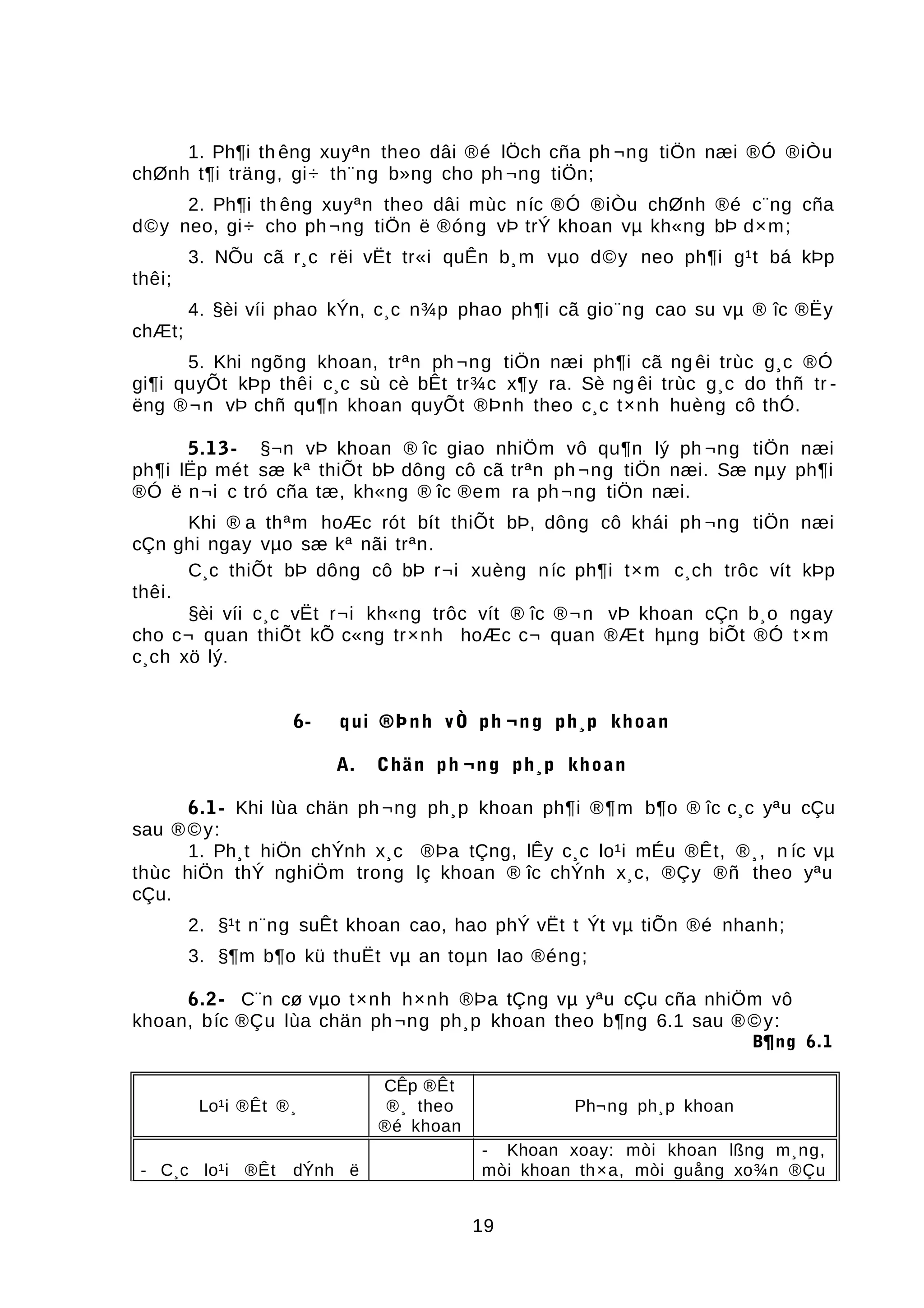 1. Ph¶i th êng xuyªn theo dâi ®é lÖch cña ph ¬ng tiÖn næi ®Ó ®iÒu
chØnh t¶i träng, gi÷ th¨ng b»ng cho ph ¬ng tiÖn;
2. Ph¶i th êng xuyªn theo dâi mùc níc ®Ó ®iÒu chØnh ®é c¨ng cña
d©y neo, gi÷ cho ph¬ng tiÖn ë ®óng vÞ trÝ khoan vµ kh«ng bÞ d×m;
3. NÕu cã r¸c rëi vËt tr«i quÊn b¸m vµo d©y neo ph¶i g¹t bá kÞp
thêi;
4. §èi víi phao kÝn, c¸c n¾p phao ph¶i cã gio¨ng cao su vµ ® îc ®Ëy
chÆt;
5. Khi ngõng khoan, trªn ph ¬ng tiÖn næi ph¶i cã ng êi trùc g¸c ®Ó
gi¶i quyÕt kÞp thêi c¸c sù cè bÊt tr¾c x¶y ra. Sè ng êi trùc g¸c do thñ tr -
ëng ®¬n vÞ chñ qu¶n khoan quyÕt ®Þnh theo c¸c t×nh huèng cô thÓ.
5.13- §¬n vÞ khoan ® îc giao nhiÖm vô qu¶n lý ph ¬ng tiÖn næi
ph¶i lËp mét sæ kª thiÕt bÞ dông cô cã trªn ph ¬ng tiÖn næi. Sæ nµy ph¶i
®Ó ë n¬i c tró cña tæ, kh«ng ® îc ®em ra ph¬ng tiÖn næi.
Khi ® a thªm hoÆc rót bít thiÕt bÞ, dông cô khái ph ¬ng tiÖn næi
cÇn ghi ngay vµo sæ kª nãi trªn.
C¸c thiÕt bÞ dông cô bÞ r¬i xuèng níc ph¶i t×m c¸ch trôc vít kÞp
thêi.
§èi víi c¸c vËt r¬i kh«ng trôc vít ® îc ®¬n vÞ khoan cÇn b¸o ngay
cho c¬ quan thiÕt kÕ c«ng tr×nh hoÆc c¬ quan ®Æt hµng biÕt ®Ó t×m
c¸ch xö lý.
6- qui ®Þnh vÒ ph ¬ng ph¸p khoan
A. Chän ph ¬ng ph¸p khoan
6.1- Khi lùa chän ph ¬ng ph¸p khoan ph¶i ®¶m b¶o ® îc c¸c yªu cÇu
sau ®©y:
1. Ph¸t hiÖn chÝnh x¸c ®Þa tÇng, lÊy c¸c lo¹i mÉu ®Êt, ®¸, n íc vµ
thùc hiÖn thÝ nghiÖm trong lç khoan ® îc chÝnh x¸c, ®Çy ®ñ theo yªu
cÇu.
2. §¹t n¨ng suÊt khoan cao, hao phÝ vËt t Ýt vµ tiÕn ®é nhanh;
3. §¶m b¶o kü thuËt vµ an toµn lao ®éng;
6.2- C¨n cø vµo t×nh h×nh ®Þa tÇng vµ yªu cÇu cña nhiÖm vô
khoan, bíc ®Çu lùa chän ph¬ng ph¸p khoan theo b¶ng 6.1 sau ®©y:
B¶ng 6.1
Lo¹i ®Êt ®¸
CÊp ®Êt
®¸ theo
®é khoan
Ph¬ng ph¸p khoan
- C¸c lo¹i ®Êt dÝnh ë
- Khoan xoay: mòi khoan lßng m¸ng,
mòi khoan th×a, mòi guång xo¾n ®Çu
19
 