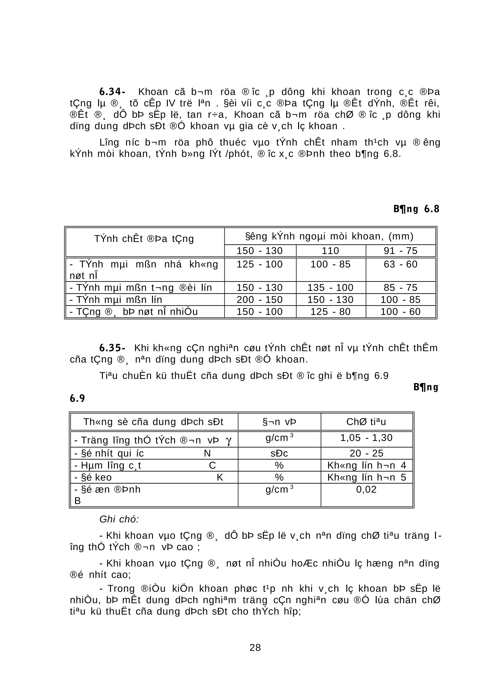 6.34- Khoan cã b¬m röa ® îc ¸p dông khi khoan trong c¸c ®Þa
tÇng lµ ®¸ tõ cÊp IV trë lªn . §èi víi c¸c ®Þa tÇng lµ ®Êt dÝnh, ®Êt rêi,
®Êt ®¸ dÔ bÞ sËp lë, tan r÷a, Khoan cã b¬m röa chØ ® îc ¸p dông khi
dïng dung dÞch sÐt ®Ó khoan vµ gia cè v¸ch lç khoan .
Lîng níc b¬m röa phô thuéc vµo tÝnh chÊt nham th¹ch vµ ® êng
kÝnh mòi khoan, tÝnh b»ng lÝt /phót, ® îc x¸c ®Þnh theo b¶ng 6.8.
B¶ng 6.8
TÝnh chÊt ®Þa tÇng §êng kÝnh ngoµi mòi khoan, (mm)
150 - 130 110 91 - 75
- TÝnh mµi mßn nhá kh«ng
nøt nÎ
125 - 100 100 - 85 63 - 60
- TÝnh mµi mßn t¬ng ®èi lín 150 - 130 135 - 100 85 - 75
- TÝnh mµi mßn lín 200 - 150 150 - 130 100 - 85
- TÇng ®¸ bÞ nøt nÎ nhiÒu 150 - 100 125 - 80 100 - 60
6.35- Khi kh«ng cÇn nghiªn cøu tÝnh chÊt nøt nÎ vµ tÝnh chÊt thÊm
cña tÇng ®¸ nªn dïng dung dÞch sÐt ®Ó khoan.
Tiªu chuÈn kü thuËt cña dung dÞch sÐt ® îc ghi ë b¶ng 6.9
B¶ng
6.9
Th«ng sè cña dung dÞch sÐt §¬n vÞ ChØ tiªu
- Träng lîng thÓ tÝch ®¬n vÞ γ g/cm 3
1,05 - 1,30
- §é nhít qui íc N sÐc 20 - 25
- Hµm lîng c¸t C % Kh«ng lín h¬n 4
- §é keo K % Kh«ng lín h¬n 5
- §é æn ®Þnh
B
g/cm 3
0,02
Ghi chó:
- Khi khoan vµo tÇng ®¸ dÔ bÞ sËp lë v¸ch nªn dïng chØ tiªu träng l -
îng thÓ tÝch ®¬n vÞ cao ;
- Khi khoan vµo tÇng ®¸ nøt nÎ nhiÒu hoÆc nhiÒu lç hæng nªn dïng
®é nhít cao;
- Trong ®iÒu kiÖn khoan phøc t¹p nh khi v¸ch lç khoan bÞ sËp lë
nhiÒu, bÞ mÊt dung dÞch nghiªm träng cÇn nghiªn cøu ®Ó lùa chän chØ
tiªu kü thuËt cña dung dÞch sÐt cho thÝch hîp;
28
 