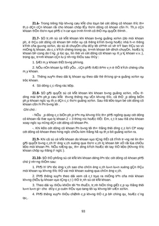 21.6- Trong trêng hîp kh«ng cøu kÑt cho toµn bé cét dông cô khoan ®îc th×
th¸o dÇn cÇn khoan råi cho khoan chôp lÊy ®o¹n dông cô khoan cßn l¹i. Th¸o cÇn
khoan ®Õn ®o¹n nµo ph¶i c¨n cø vµo t×nh h×nh cô thÓ mµ quyÕt ®Þnh .
21.7- §Ó tr¸nh sù cè kÑt khoan khi khoan b»ng guång xo¾n (do mòi khoan
ph¸ ë ®Çu cét dông cô khoan bÞ mßn vµ cã ®êng kÝnh b»ng hoÆc nhá h¬n ®êng
kÝnh cña gu«ng xo¾n, do sù di chuyÓn cña d©y têi chªnh víi vÞ trÝ ban ®Çu so víi
miÖng lç khoan, do c¸c kÝch chèng trong qu¸ tr×nh khoan bÞ dÞch chuyÓn, hoÆc lç
khoan bÞ cong do t¨ng ¸p lùc qu¸ lín ®èi víi cét dông cô khoan vµ ®¸y lç khoan v.v..),
trong qu¸ tr×nh khoan cÇn lu ý nh÷ng ®iÒu sau ®©y :
1. §Æt m¸y khoan thËt b»ng ph¼ng.
2. NÕu nÒn khoan lµ ®Êt yÕu , cÇn ph¶i ®Æt thªm v¸n ë ®Õ kÝch chèng cña
m¸y khoan.
3. Thêng xuyªn theo dâi lç khoan vµ theo dâi ®é th¼ng gi÷a guång xo¾n vµ
trôc khoan.
4. Sö dông c¸c rßng räc kÐp.
21.8- §Ó gi¶i quyÕt sù cè kÑt khoan khi khoan b»ng guång xo¾n, nÕu ®·
dïng mäi biªn ph¸p cøu kÑt th«ng thêng mµ vÉn kh«ng ®îc, cã thÓ ¸p dông biÖn
ph¸p khoan ngîc vµ th¸o dÇn c¸c ®o¹n guång xo¾n. Sau ®ã kÐo toµn bé cét dông cô
khoan cßn l¹i lªn b»ng têi .
Ghi chó :
- NÕu ¸p dông c¸c biÖn ph¸p trªn mµ kh«ng ®îc th× ph¶i ngõng quay cét dông
cô khoan råi ®æ vµo lç khoan 2 ÷ 3 thïng níc hoÆc ®Êt Èm, c¸t ít sau ®ã cho khoan
xoay ngîc vµ n©ng dÇn cét dông cô khoan lªn.
-. Khi kÐo cét dông cô khoan lªn b»ng têi th× ®ång thêi dïng c¸c lo¹i Clª xoay
cét dông cô khoan theo híng ngîc chiÒu kim ®ång hå vµ th¸o bít guång xo¾n ra.
21.9- Khi cã sù cè kÑt khoan do khoan vµo tÇng ®Êt cã tÝnh tr¬ng në lín th×
gi¶i quyÕt b»ng c¸ch h¹ èng v¸ch xuèng qua ®o¹n v¸ch lç khoan bÞ xÖ råi lùa chiÒu
kÐo mòi khoan lªn. NÕu nÆng qu¸ th× dïng kÝch hoÆc têi tay ®Ó kÐo (Kh«ng ®îc
khoan chôp vµ ®ãng t¹ ngîc ).
21.10- §Ó ®Ò phßng sù cè kÑt khi khoan déng liªn tôc cét dông cô khoan ph¶i
chó ý nh÷ng ®iÓm sau:
1. Ph¶i h¹ liªn tôc èng v¸ch sao cho ch©n èng v¸ch lu«n lu«n xuèng gÇn ®Çu
mòi khoan vµ kh«ng ®îc ®Ó vai mòi khoan xuèng qua ch©n èng v¸ch.
2. Ph¶i thêng xuyªn theo dâi xem cã c¸t trµo ra miÖng trªn cña mòi khoan
kh«ng (NÕu lµ khoan vµo tÇng c¸t ) ®Ó tr¸nh sù cè kÑt khoan.
3. Theo dâi vµ ®iÒu khiÓn têi ªm thuËn, tr¸nh hiÖn tîng giËt c¸p vµ ®ång thêi
lu«n lu«n gi÷ cho d©y c¸p cuèn ®Òu vµo tang têi vµ kh«ng bÞ vÆn xo¾n.
4. Ph¶i thêng xuyªn ®iÒu chØnh c¸p kh«ng ®Ó c¸p bÞ chïng qu¸ hoÆc c¨ng
qu¸.
93
 