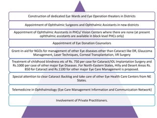 Construction of dedicated Eye Wards and Eye Operation theaters in Districts
Appointment of Ophthalmic Surgeons and Ophthalmic Assistants in new districts
Appointment of Ophthalmic Assistants in PHCs/ Vision Centers where there are none (at present
ophthalmic assistants are available in block level PHCs only)
Appointment of Eye Donation Counselors
Grant-in-aid for NGOs for management of other Eye diseases other than Cataract like DR, Glaucoma
Management, Laser Techniques, Corneal Transplantation, VR Surgery
Treatment of childhood blindness etc of Rs. 750 per case for Cataract/IOL Implantation Surgery and
Rs.1000 per case of other major Eye Diseases .For North-Eastern States, Hilly and Desert Areas Rs.
850 for Cataract and Rs.1100 for other major Eye Care Management is proposed.
Special attention to clear Cataract Backlog and take care of other Eye Health Care Centers from NE
States.
Telemedicine in Ophthalmology {Eye Care Management Information and Communication Network}
Involvement of Private Practitioners.
 