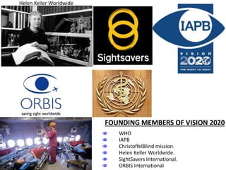 Helen Keller Worldwide
FOUNDING MEMBERS OF VISION 2020
 WHO
 IAPB
 ChristoffelBlind mission.
 Helen Keller Worldwide.
 SightSavers International.
 ORBIS International
 