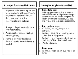 Strategies for corneal blindness
• Major obstacle in tackling corneal
blindness is the wide gap b/`w the
requirement and availability of
donor corneas for which
recommendations include:-
o Strengthening of hospital corneal
retrieval systems.
o Assessment of persons needing
corneal grafting.
o For vit a def related diseases:
focus on eco backward classes is
needed
Strategies for glaucoma and DR
• Immediate term :
training ophthalmologists to handle
these conditions. Comprehensive eye
evaluation via better clinical practice
in slit lamp biomicroscopy, AT, disc
and retinal evaluation and gonioscopy.
• Intermediate term:
o Residency training prog in med
colleges.
o Training of MLOP in handling these
conditions in peripheries.
o Training non ophthalmic physicians on
clinical profile of these conditions.
o Public education
• Long term:
o To provide high quality eye care at all
levels
 