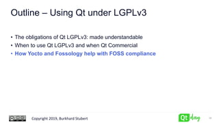 Copyright 2019, Burkhard Stubert
Outline – Using Qt under LGPLv3
• The obligations of Qt LGPLv3: made understandable
• When to use Qt LGPLv3 and when Qt Commercial
• How Yocto and Fossology help with FOSS compliance
18
 