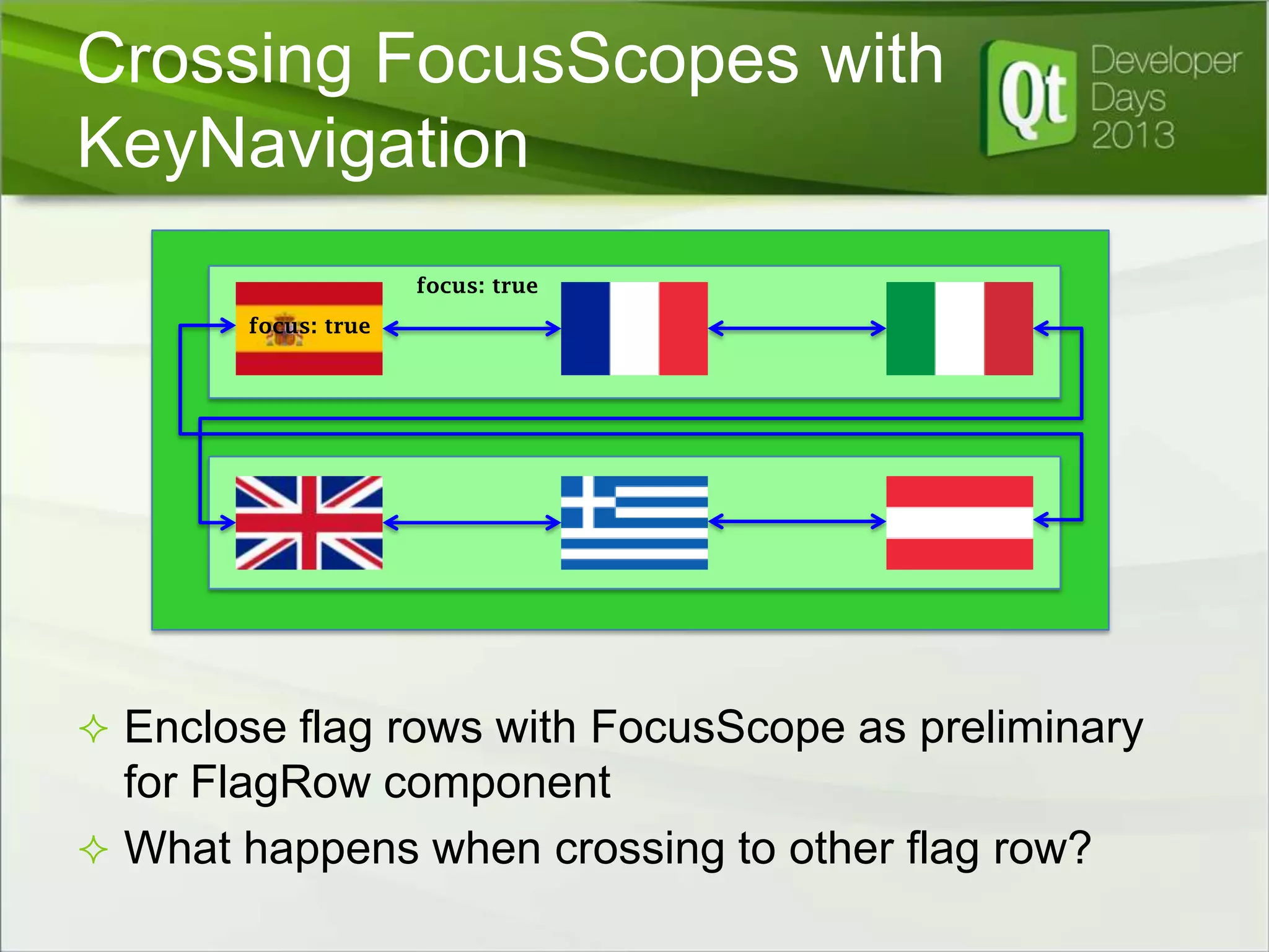 Crossing FocusScopes with
KeyNavigation
focus: true
focus: true

 Enclose flag rows with FocusScope as preliminary

for FlagRow component
 What happens when crossing to other flag row?

 
