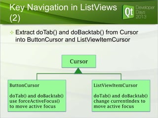 Key Navigation in ListViews
(2)
 Extract doTab() and doBacktab() from Cursor

into ButtonCursor and ListViewItemCursor

Cursor

ButtonCursor

ListViewItemCursor

doTab() and doBacktab()
use forceActiveFocus()
to move active focus

doTab() and doBacktab()
change currentIndex to
move active focus

 
