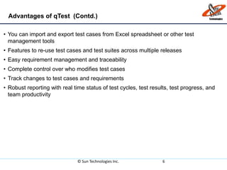 Advantages of qTest (Contd.)
© Sun Technologies Inc. 6
• You can import and export test cases from Excel spreadsheet or other test
management tools
• Features to re-use test cases and test suites across multiple releases
• Easy requirement management and traceability
• Complete control over who modifies test cases
• Track changes to test cases and requirements
• Robust reporting with real time status of test cycles, test results, test progress, and
team productivity
 