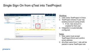 7
Single Sign On from qTest into TestProject
Workflow:
1. User clicks TestProject in 9-box
2. TestProject checks if user has
existing account (using email)
1. If not, new account is
created for that user
3. Integration is automatically
configured
Notes:
1. New users must accept
TestProject EULA and confirm
email address
2. All qTest users from 1 site will be
placed in same TestProject site
 