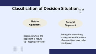 Rational
Opponent
Nature
Opponent
Decisions where the
opponent is nature
Eg - digging an oil well
Setting the advertising
strategy when the actions
of competitors have to be
considered
Classification of Decision Situation (3 of
3)
 
