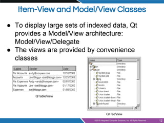 Item-View and Model/View Classes
● To display large sets of indexed data, Qt
provides a Model/View architecture:
Model/Vie...