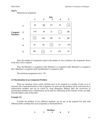 MBA-H2040                                                            Quantitative Techniques for Managers

Step 9:
          Determine an assignment

                                                  Jobs
                               1          2          3        4          5


                1             40          0        471       30          0



Computer        2             470        40        21                    0
Machines
                               0        440         0       10           0
                3


                4             30         40         0       10          470


                5             0          0         11       470         40



        Since the number of assignments equal to the number of rows (columns), the assignment shown
in the above tale is optimal.

       Thus, the Machine1 is assigned to Job5, Machine 2 is assigned to job4, Machine3 is assigned to
job1, Machine4 is assigned to job3 and Machine5 is assigned to job2.

          The minimum assignment cost is: 170


2.5 Maximization in an Assignment Problem

       There are situations where certain facilities have to be assigned to a number of jobs so as to
maximize the overall performance of the assignment. In such cases the problem can be converted into a
minimization problem and can be solved by using Hungarian Method. Here the conversion of
maximization problem into a minimization can be done by subtracting all the elements of the cost table
from the highest value of that table.

Example 2.5:

        Consider the problem of five different machines can do any of the required five jobs with
different profits resulting from each assignment as illustrated below:


                                                Machines
                               1          2         3         4          5

                                                                                                       117
 
