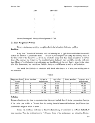 MBA-H2040                                                               Quantitative Techniques for Managers

                              Jobs                   Machines

                               1                           3

                               2                           5

                               3                           1

                               4                           4

                               5                           2


       The maximum profit through this assignment is: 264

2.6 Crew Assignment Problem

      The crew assignment problem is explained with the help of the following problem
Problem:

        A trip from Chennai to Coimbatore takes six hours by bus. A typical time table of the bus service
in both the direction is given in the Table 1. The cost of providing this service by the company based on
the time spent by the bus crew i.e. driver and conductor away from their places in addition to service
times. The company has five crews. The condition here is that every crew should be provided with more
than 4 hours of rest before the return trip again and should not wait for more than 24 hours for the return
trip. Also the company has guest house facilities for the crew of Chennai as well as at Coimbatore.

       Find which line of service is connected with which other line so as to reduce the waiting time to
the minimum.

                                                 Table 1

Departure from    Route Number         Arrival at          Arrival at    Route Number       Departure from
   Chennai                            Coimbatore           Chennai                           Coimbatore
    06.00                1              12.00               11.30               a               05.30
    07.30                2              13.30               15.00               b               09.00
    11.30                3              17.30               21.00               c               15.00
    19.00                4              01.00               00.30               d               18.30
    00.30                5              06.30               06.00               e               00.00

Solution
For each line the service time is constant so that it does not include directly in the computation. Suppose
if the entire crew resides at Chennai then the waiting times in hours at Coimbatore for different route
connections are given below in Table 2.
       If route 1 is combined with route a, the crew after arriving at Coimbatore at 12 Noon start at 5.30
next morning. Thus the waiting time is 17.5 hours. Some of the assignments are infeasible. Route c
                                                                                                          119
 