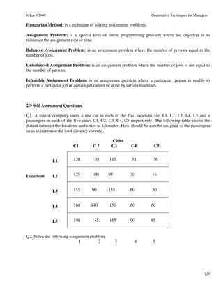 MBA-H2040                                                             Quantitative Techniques for Managers

Hungarian Method: is a technique of solving assignment problems.

Assignment Problem: is a special kind of linear programming problem where the objective is to
minimize the assignment cost or time.

Balanced Assignment Problem: is an assignment problem where the number of persons equal to the
number of jobs.

Unbalanced Assignment Problem: is an assignment problem where the number of jobs is not equal to
the number of persons.

Infeasible Assignment Problem: is an assignment problem where a particular person is unable to
perform a particular job or certain job cannot be done by certain machines.



2.9 Self Assessment Questions

Q1. A tourist company owns a one car in each of the five locations viz. L1, L2, L3, L4, L5 and a
passengers in each of the five cities C1, C2, C3, C4, C5 respectively. The following table shows the
distant between the locations and cities in kilometer. How should be cars be assigned to the passengers
so as to minimize the total distance covered.

                                               Cities
                          C1         C2        C3         C4           C5


              L1          120       110       115         30           36


Locations     L2          125       100       95          30          16


              L3          155       90        135         60          50


              L4          160       140       150         60          60


              L5          190       155       165         90          85


Q2. Solve the following assignment problem
                             1         2           3        4          5




                                                                                                        126
 