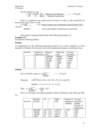 MBA-H2040                                                                   Quantitative Techniques
for Managers

        For this equation, we get
                α = Q* = Q*√D = √D = Square root of Demand                  -----------   eq.25
                  √D        D     (D/Q*) Number of orders/year

        Since α is constant for any single item of inventory, we take α as the constant for all
the inventory items. Thus, we take
        α = Σ√D               or α = Sum of square roots of Demand of each inventory item -
   eq.26
            Σ(D/Q*)                  Sum of the number of orders/year for each item


      This model is explained with the help of the following Example 4.11.
Example 4.11
Consider the following problem.
Problem
An organization has the following procurement pattern of six items irrespective of their
demand level. Reduce the inventory levels while keeping total number of orders/year fixed.

               Item No.       Number of     Demand         Order Size       Average
                              Orders/Year   (Rs.)          (Rs.)            Inventory
               1              5             2000,000       500000           250000
               2              5             700,000        260000           130000
               3              5             100,000        23500            11750
               4              5             9,000          10000            5000
               5              5             5,000          700              350
               6              5             2,700          500              250
Solution

        First we find the value of α = Σ√D             ----------   eq.27
                                       Σ(D/Q*)

        Therefore         Σ√D = 1414 + 836 + 316 + 95 + 70 + 52 = Rs.2783

                          Σ(D/Q*) = 5 + 5 + 5 + 5 + 5 + 5 = 30

        Thus, α = Σ√D         = 2783 = 92.7
                  Σ(D/Q*)        30
        Now we will analyze the ordering quantity, which is illustrated in the following Table
4.6.

                            Demand       √D     α       EOQ=            Number of Average
               Item No.     (D) (Rs.)                   α√D             orders/year Inventory =
                                                                        =D/EOQ      EOQ/Σ
                                                                                    Number of
                                                                                    orders/year
               1            2000,000     1414   92.7    131077.8        15.258      4369
               2            700,000      836    92.7    77497.2         9.0         2583
               3            100,000      316    92.7    29293.2         3.41        976
               4            9,000        95     92.7    8806.5          1.0         293


                                                                                                  173
 