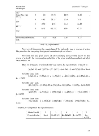 MBA-H2040                                                                  Quantitative Techniques
for Managers

73.5
Order Size (Q)            3         8.0        39.75            14.75            -10.25              -
35.25
                         4        -10.5        21.25            53.0              28.0
3.0
                         5        -29.0         2.75            34.5              66.25
41.25
                         6        -47.5       -15.75            16.0              47.75
79.5


Probability of Demand               0.35         0.25           0.20               0.15
0.05

                                Table 4.10 Payoff Matrix

       Now we will determine the expected payoff for each order size or courses of action.
The procedure for computing the expected values is simple, as follows:

        Procedure: For any given course of action multiply each possible payoff for that
course of action by the corresponding probability of the given level of demand and add all of
these products up.

        Thus, for first course of action of order size 2 units, the expected value of payoff is:

                 (26.5)(0.35) + (1.5)(0.25) + (-23.5)(0.2) + (-48.5)(0.15) + (-73.5)(0.05) = Rs.-6

       For order size 3 units
              (8.0)(0.35) + (39.75)(0.25) + (14.75)(0.2) + (-10.25)(0.15) + (-35.25)(0.05) =
Rs.12.3875

        For order size 4 units
               (-10.5)(0.35) + (21.25)(0.25) + (53)(0.2) + (28)(0.15) + (3)(0.05) = Rs.20.2625

       For order size 5 units
              (-29)(0.35) + (2.75)(0.25) + (34.5)(0.2) + (66.25)(0.15) + (41.25)(0.05) =
Rs.9.4375

        For order size 6 units
               (-47.5)(0.35) + (-15.75)(0.25) + (16)(0.2) + (47.75)().15) + (79.5)(0.05) = Rs.-
6.225

Therefore, we compute all the expected values:

                Order Size Q          2            3          4          5                    6
               Expected value        Rs.-6     Rs.12.3875 Rs.20.2625 Rs.9.4375               Rs.-
                                                                                            6.225




                                                                                                   188
 