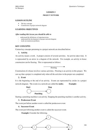 MBA-H2040                                                                Quantitative Techniques
for Managers

                                                  LESSON 3
                                              PROJECT NETWORK


LESSON OUTLINE
    •       The key concepts
    •       Construction of project network diagram

LEARNING OBJECTIVES

After reading this lesson you should be able to
    - understand the definitions of important terms
    - understand the development of project network diagram
    - work out numerical problems


KEY CONCEPTS
Certain key concepts pertaining to a project network are described below:
    1. Activity
An activity means a work. A project consists of several activities. An activity takes time. It
is represented by an arrow in a diagram of the network. For example, an activity in house
construction can be flooring. This is represented as follows:

                                                          flooring
Construction of a house involves various activities. Flooring is an activity in this project. We
can say that a project is completed only when all the activities in the project are completed.
    2. Event
It is the beginning or the end of an activity. Events are represented by circles in a project
network diagram. The events in a network are called the nodes.           Example:
                   Start                              Stop


                                   Punching
Starting a punching machine is an activity. Stopping the punching machine is another activity.
    3. Predecessor Event
The event just before another event is called the predecessor event.
    4. Successor Event
The event just following another event is called the successor event.
            Example: Consider the following.

                                                      3




                                                                                                 208
        1                      2                      4                   6
 