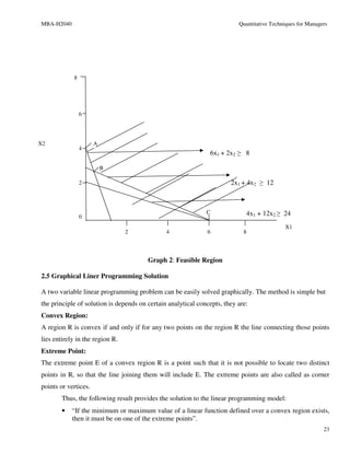MBA-H2040                                                                 Quantitative Techniques for Managers




            8




                6




X2                    A
                4
                                                               6x1 + 2x2 ≥ 8

                          B

                2                                                      2x1 + 4x2 ≥ 12



                0
                                                              C              4x1 + 12x2 ≥ 24
                                                                                            X1
                                 2             4              6             8




                                        Graph 2: Feasible Region

2.5 Graphical Liner Programming Solution

A two variable linear programming problem can be easily solved graphically. The method is simple but
the principle of solution is depends on certain analytical concepts, they are:
Convex Region:
A region R is convex if and only if for any two points on the region R the line connecting those points
lies entirely in the region R.
Extreme Point:
The extreme point E of a convex region R is a point such that it is not possible to locate two distinct
points in R, so that the line joining them will include E. The extreme points are also called as corner
points or vertices.
        Thus, the following result provides the solution to the linear programming model:
        •   “If the minimum or maximum value of a linear function defined over a convex region exists,
            then it must be on one of the extreme points”.
                                                                                                            23
 
