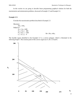 MBA-H2040                                                            Quantitative Techniques for Managers

            In this section we are going to describe linear programming graphical solution for both the
     maximization and minimization problems, discussed in Example 2.3 and Example 2.4.



     Example 2. 5:

            Consider the maximization problem described in Example 2.3.

            Maximize
                   30x1 + 40x2
            Subject to:
                   3x1 + 2x2 ≤ 600
                   3x1 + 5x2 ≤ 800
                   5x1 + 6x2 ≤ 1100
                                                               M = 30x1 +40x2
                   x1 ≥ 0, x2 ≥ 0

     The feasible region identified in the Example 2.3 is a convex polygon, which is illustrated in the
     following Graph 3. The extreme point of this convex region are A, B, C, D and E.

           300




          200

                 B


X2                                         C




          100


                 A                                         D
                                                                E




                     0        50        100          150                                                  X1
                                                               200                     275
                                                                                                            24
 
