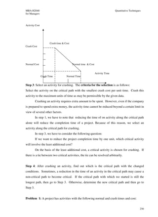 MBA-H2040                                                                       Quantitative Techniques
for Managers



Activity Cost




                       Crash time & Cost
Crash Cost




Normal Cost                                Normal time & Cost


                                                                Activity Time
                Crash Time           Normal Time


Step 3: Select an activity for crashing. The criteria for the selection is as follows:
Select the activity on the critical path with the smallest crash cost per unit time. Crash this
activity to the maximum units of time as may be permissible by the given data.
          Crashing an activity requires extra amount to be spent. However, even if the company
is prepared to spend extra money, the activity time cannot be reduced beyond a certain limit in
view of several other factors.
          In step 1, we have to note that reducing the time of on activity along the critical path
alone will reduce the completion time of a project. Because of this reason, we select an
activity along the critical path for crashing.
          In step 3, we have to consider the following question:
          If we want to reduce the project completion time by one unit, which critical activity
will involve the least additional cost?
          On the basis of the least additional cost, a critical activity is chosen for crashing. If
there is a tie between two critical activities, the tie can be resolved arbitrarily.


Step 4: After crashing an activity, find out which is the critical path with the changed
conditions. Sometimes, a reduction in the time of an activity in the critical path may cause a
non-critical path to become critical. If the critical path with which we started is still the
longest path, then go to Step 3. Otherwise, determine the new critical path and then go to
Step 3.


Problem 1: A project has activities with the following normal and crash times and cost:


                                                                                                      250
 