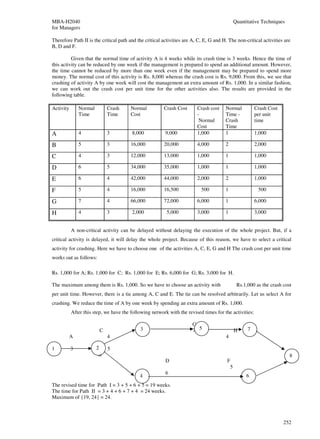 MBA-H2040                                                                                    Quantitative Techniques
for Managers

Therefore Path II is the critical path and the critical activities are A, C, E, G and H. The non-critical activities are
B, D and F.

          Given that the normal time of activity A is 4 weeks while its crash time is 3 weeks. Hence the time of
this activity can be reduced by one week if the management is prepared to spend an additional amount. However,
the time cannot be reduced by more than one week even if the management may be prepared to spend more
money. The normal cost of this activity is Rs. 8,000 whereas the crash cost is Rs. 9,000. From this, we see that
crashing of activity A by one week will cost the management an extra amount of Rs. 1,000. In a similar fashion,
we can work out the crash cost per unit time for the other activities also. The results are provided in the
following table.

Activity       Normal        Crash      Normal          Crash Cost       Crash cost    Normal          Crash Cost
               Time          Time       Cost                             -             Time -          per unit
                                                                          Normal       Crash           time
                                                                         Cost          Time
A              4             3          8,000            9,000           1,000         1               1,000

B              5             3          16,000          20,000           4,000         2               2,000

C              4             3          12,000          13,000           1,000         1               1,000

D              6             5          34,000          35,000           1,000         1               1,000

E              6             4          42,000          44,000           2,000         2               1,000

F              5             4          16,000          16,500             500         1                500

G              7             4          66,000          72,000           6,000         1               6,000

H              4             3          2,000            5,000           3,000         1               3,000


           A non-critical activity can be delayed without delaying the execution of the whole project. But, if a
critical activity is delayed, it will delay the whole project. Because of this reason, we have to select a critical
activity for crashing. Here we have to choose one of the activities A, C, E, G and H The crash cost per unit time
works out as follows:

Rs. 1,000 for A; Rs. 1,000 for C; Rs. 1,000 for E; Rs. 6,000 for G; Rs. 3,000 for H.

The maximum among them is Rs. 1,000. So we have to choose an activity with                    Rs.1,000 as the crash cost
per unit time. However, there is a tie among A, C and E. The tie can be resolved arbitrarily. Let us select A for
crashing. We reduce the time of A by one week by spending an extra amount of Rs. 1,000.
           After this step, we have the following network with the revised times for the activities:

                                             E                        G
                         C                  3
                                            6                         7 5                    H     7
        A                    4              4                           4              4           3

1          3            2    5
                         B                                                                                             8
                                                         D                              F                              5
                                                                                         5
                                                         6
                                            4                                                     6
                                                                                                  4
The revised time for Path I = 3 + 5 + 6 + 5 = 19 weeks.
The time for Path II = 3 + 4 + 6 + 7 + 4 = 24 weeks.
Maximum of {19, 24} = 24.



                                                                                                                    252
 