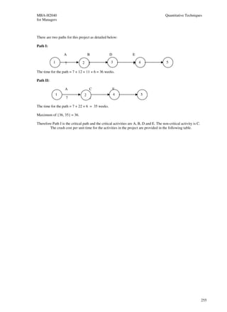 MBA-H2040                                                                                  Quantitative Techniques
for Managers



There are two paths for this project as detailed below:

Path I:

                   A                 B             D                E

           1       7            2 12              113               6 4                     5

The time for the path = 7 + 12 + 11 + 6 = 36 weeks.

Path II:

                   A                 C                 E
               1                 2                     4                  5
                    7                22                6

The time for the path = 7 + 22 + 6 = 35 weeks.

Maximum of {36, 35} = 36.

Therefore Path I is the critical path and the critical activities are A, B, D and E. The non-critical activity is C.
        The crash cost per unit time for the activities in the project are provided in the following table.




                                                                                                                       255
 