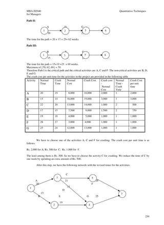 MBA-H2040                                                                                     Quantitative Techniques
for Managers

Path II:

                         A                  D               G
                     1                      2                    5                   6
                         20                  17             25

The time for the path = 20 + 17 + 25= 62 weeks.

Path III:

                         B                   E              G
                 1                          3                 5                     6
                         15                  19             25

The time for the path = 15+19 +25 = 69 weeks.
Maximum of {70, 62, 69} = 70.
Therefore Path I is the critical path and the critical activities are A, C and F. The non-critical activities are B, D,
E and G.
The crash cost per unit time for the activities in the project are provided in the following table
Activity    Normal          Crash       Normal           Crash Cost       Crash cost Normal           Crash Cost
            Time            Time        Cost                              -            Time -         per unit
                                                                           Normal      Crash          time
                                                                          Cost         Time
A           20              19           8,000           10,000           2,000        1              2,000

B               15                14            16,000          19,000            3,000   1            3,000

C               22                20            13,000          14,000            1,000   2              500

D               17                15                7,500        9,000            1,500   2              750

E               19                18                4,000        5,000            1,000   1            1,000

F               28                27                3,000        4,000            1,000   1            1,000

G               25                24            12,000          13,000            1,000   1            1,000



           We have to choose one of the activities A, C and F for crashing. The crash cost per unit time is as
follows:

Rs. 2,000 for A; Rs. 500 for C; Rs. 1,000 for F.

The least among them is Rs. 500. So we have to choose the activity C for crashing. We reduce the time of C by
one week by spending an extra amount of Rs. 500.

           After this step, we have the following network with the revised times for the activities:


                                               C
                                   3                                     5
        A                                      21                            28
        20                                                               F
    1                                           17
                                           D
                15                                                                             7
            B                          E                             G       25

                                       19
                              2                                      4



                                                                                                                    259
 