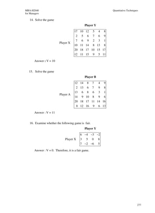 MBA-H2040                                                             Quantitative Techniques
for Managers

    14. Solve the game
                                                   Player Y
                                        17 10 12        5     4   8
                                          2   5     6   7     6   9
                                          7   6     9   2     3   1
                            Player X
                                        10 11 14        8 13      8
                                        20 18 17 10 15 17
                                        12 11 15        9     5 11

        Answer : V = 10


   15. Solve the game
                                                   Player B
                                        12 14       8   7     4   9
                                          2 13      6   7     9   8
                                        13     6    8   6     3   1
                            Player A
                                        14     9 10     8     9   6
                                         20 18 17 11 14 16
                                            8 12 16     9     6 13

        Answer : V = 11


    16. Examine whether the following game is fair.
                                                   Player Y
                                              6 −4 −3 −2
                                 Player X     3 5 0           8
                                              7 −2 −6         5

        Answer : V = 0. Therefore, it is a fair game.




                                                                                            277
 