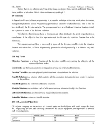 MBA-H2040                                                                  Quantitative Techniques for Managers
       Hence, there is no solution satisfying all the three constraints (first, second, and third). Thus, the
linear problem is infeasible. This is illustrated in the above Graph 7.
2.9 Summary

In Operations Research linear programming is a versatile technique with wide applications in various
management problems. Linear Programming problem has a number of characteristics. That is first we
have to identify the decision variable. The problem must have a well defined objective function, which
are expressed in terms of the decision variables.
       The objective function may have to be maximized when it indicates the profit or production or
contribution. If the objective function represents cost, in this case the objective function has to be
minimized.
       The management problem is expressed in terms of the decision variables with the objective
function and constraints. A linear programming problem is solved graphically if it contains only two
variables.

2.10 Key Terms

Objective Function: is a linear function of the decision variables representing the objective of the
                    manager/decision maker.

Constraints: are the linear equations or inequalities arising out of practical limitations.

Decision Variables: are some physical quantities whose values indicate the solution.

Feasible Solution: is a solution which satisfies all the constraints (including the non-negative) presents
       in the problem.

Feasible Region: is the collection of feasible solutions.

Multiple Solutions: are solutions each of which maximize or minimize the objective function.

Unbounded Solution: is a solution whose objective function is infinite.

Infeasible Solution: means no feasible solution.

2.11 Self Assessment Questions

Q1. A juice company has its products viz. canned apple and bottled juice with profit margin Rs.4 and
Rs.2 respectively pre unit. The following table shows the labour, equipment, and ingredients to produce
each product per unit.

                           Canned Apple                Bottled Juice                Total
Labour                     2.0                         3.0                          12.0
Equipment                  3.2                         1.0                          8.0
                                                                                                             32
 