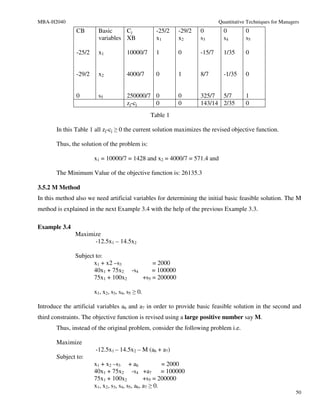 MBA-H2040                                                                  Quantitative Techniques for Managers
               CB        Basic     Cj              -25/2   -29/2   0         0         0
                         variables XB              x1      x2      s3        s4        s5

               -25/2     x1           10000/7      1       0       -15/7     1/35      0


               -29/2     x2           4000/7       0       1       8/7       -1/35     0


               0         s5           250000/7 0           0       325/7 5/7           1
                                      zj-cj    0           0       143/14 2/35         0
                                                 Table 1

       In this Table 1 all zj-cj ≥ 0 the current solution maximizes the revised objective function.

       Thus, the solution of the problem is:

                       x1 = 10000/7 = 1428 and x2 = 4000/7 = 571.4 and

       The Minimum Value of the objective function is: 26135.3

3.5.2 M Method
In this method also we need artificial variables for determining the initial basic feasible solution. The M
method is explained in the next Example 3.4 with the help of the previous Example 3.3.

Example 3.4
               Maximize
                     -12.5x1 – 14.5x2

               Subject to:
                      x1 + x2 –s3         = 2000
                      40x1 + 75x2 -s4     = 100000
                      75x1 + 100x2    +s5 = 200000

                       x1, x2, s3, s4, s5 ≥ 0.

Introduce the artificial variables a6 and a7 in order to provide basic feasible solution in the second and
third constraints. The objective function is revised using a large positive number say M.
       Thus, instead of the original problem, consider the following problem i.e.

       Maximize
                       -12.5x1 – 14.5x2 – M (a6 + a7)
       Subject to:
                       x1 + x2 –s3 + a6                = 2000
                       40x1 + 75x2 -s4 +a7 = 100000
                       75x1 + 100x2            +s5 = 200000
                       x1, x2, s3, s4, s5, a6, a7 ≥ 0.
                                                                                                             50
 