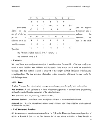 MBA-H2040                                                                  Quantitative Techniques for Managers




                          w1     w2     w3       s1       s2       g          z

                           1      2       1        1           0       0          1
                          1/2     0      -1/2     -1/2         1       0          3/2
          Since there                                                                     are    no    negative
                          -2      0       5           6        0       1          6
entries      in   the                                                                     bottom row and to
the left of the last                                                                      column,            the
                          w1     w2     w3       s1       s2       g          z
process             is                                                                    complete.         The
solutions are at the       1      2       1        1           0       0          1       feet of the slack
variable columns.          0     -1      -1       -1       1       0              1
                           0        4     7           8        0       1          8
Therefore,
          The optimum solution provided by x1 = 8 and x2 = 0
          The Minimum Value is: 8

4.5 Summary
For every linear programming problem there is a dual problem. The variables of the dual problem are
called as dual variables. The variables have economic value, which can be used for planning its
resources. The dual problem solution is achieved by the simplex method calculation of the original
(primal) problem. The dual problem solution has certain properties, which may be very useful for
calculation purposes.

4.6 Key Terms
Original Problem: This is the original linear programming problem, also called as primal problem.
Dual Problem: A dual problem is a linear programming problem is another linear programming
problem formulated from the parameters of the primal problem.
Dual Variables: Dual programming problem variables.
Optimum Solution: The solution where the objective function is minimized or maximized.
Shadow Price: Price of a resource is the change in the optimum value of the objective function per unit
increase of the resource.

4.7 Self Assessment Questions
Q1. An organization manufactures three products viz. A, B and c. The required raw material per piece of
product A, B and C is 2kg, 1kg, and 2kg. Assume that the total weekly availability is 50 kg. In order to
                                                                                                              70
 
