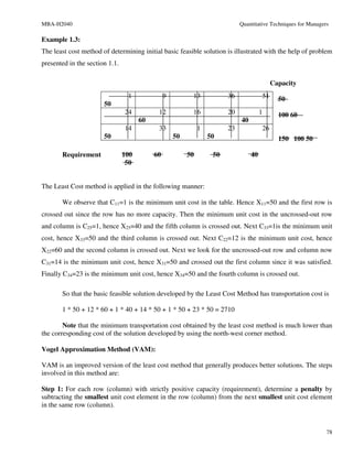 MBA-H2040                                                                    Quantitative Techniques for Managers

Example 1.3:
The least cost method of determining initial basic feasible solution is illustrated with the help of problem
presented in the section 1.1.

                                                                                             Capacity
                                 1              9         13            36              51     50
                       50
                                24          12            16            20             1       100 60
                                      60                                     40
                                14          33                1         23              26
                       50                           50            50                           150 100 50

       Requirement              100        60            50        50             40
                                 50


The Least Cost method is applied in the following manner:

       We observe that C11=1 is the minimum unit cost in the table. Hence X11=50 and the first row is
crossed out since the row has no more capacity. Then the minimum unit cost in the uncrossed-out row
and column is C25=1, hence X25=40 and the fifth column is crossed out. Next C33=1is the minimum unit
cost, hence X33=50 and the third column is crossed out. Next C22=12 is the minimum unit cost, hence
X22=60 and the second column is crossed out. Next we look for the uncrossed-out row and column now
C31=14 is the minimum unit cost, hence X31=50 and crossed out the first column since it was satisfied.
Finally C34=23 is the minimum unit cost, hence X34=50 and the fourth column is crossed out.

       So that the basic feasible solution developed by the Least Cost Method has transportation cost is

       1 * 50 + 12 * 60 + 1 * 40 + 14 * 50 + 1 * 50 + 23 * 50 = 2710

        Note that the minimum transportation cost obtained by the least cost method is much lower than
the corresponding cost of the solution developed by using the north-west corner method.

Vogel Approximation Method (VAM):

VAM is an improved version of the least cost method that generally produces better solutions. The steps
involved in this method are:

Step 1: For each row (column) with strictly positive capacity (requirement), determine a penalty by
subtracting the smallest unit cost element in the row (column) from the next smallest unit cost element
in the same row (column).


                                                                                                                78
 