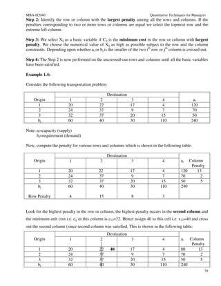 MBA-H2040                                                                Quantitative Techniques for Managers
Step 2: Identify the row or column with the largest penalty among all the rows and columns. If the
penalties corresponding to two or more rows or columns are equal we select the topmost row and the
extreme left column.

Step 3: We select Xij as a basic variable if Cij is the minimum cost in the row or column with largest
penalty. We choose the numerical value of Xij as high as possible subject to the row and the column
constraints. Depending upon whether ai or bj is the smaller of the two ith row or jth column is crossed out.

Step 4: The Step 2 is now performed on the uncrossed-out rows and columns until all the basic variables
have been satisfied.

Example 1.4:

Consider the following transportation problem

                                                Destination
    Origin                1                 2                  3                 4                  ai
      1                  20                22                 17                 4                 120
      2                  24                37                  9                 7                  70
      3                  32                37                 20                15                  50
      bj                 60                40                 30               110                 240

Note: ai=capacity (supply)
      bj=requirement (demand)

Now, compute the penalty for various rows and columns which is shown in the following table:

                                                Destination
    Origin               1                  2                 3                 4           ai  Column
                                                                                                 Penalty
       1                 20                22                 17                 4          120     13
       2                 24                37                  9                 7          70        2
       3                 32                37                 20                15          50        5
       bj                60                40                 30               110          240

 Row Penalty             4                 15                 8                 3


Look for the highest penalty in the row or column, the highest penalty occurs in the second column and
the minimum unit cost i.e. cij in this column is c12=22. Hence assign 40 to this cell i.e. x12=40 and cross
out the second column (since second column was satisfied. This is shown in the following table:
                                                Destination
    Origin               1                  2                 3                 4           ai    Column
                                                                                                   Penalty
       1                 20                22    40           17                 4          80        13
       2                 24                37                  9                 7          70         2
       3                 32                37                 20                15          50         5
       bj                60                40                 30               110          240
                                                                                                            79
 