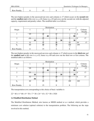 MBA-H2040                                                                Quantitative Techniques for Managers

 Row Penalty               8               15                 8                 8


The next highest penalty in the uncrossed-out rows and columns is 17 which occurs in the second row
and the smallest cost in this row is c21=24, hence xi21=10 and cross out the second row with the adjusted
capacity, requirement and penalty values. The modified table is as follows:


                                                Destination
    Origin                 1               2                  3                 4           ai    Column
                                                                                                   Penalty
       1                   20              22                 17                        4 0            13
                                                 40                                    80
       2                   24              37                 9                 7         0             17
                                10                                  30                 30
       3                   32              37                 20                15        50             17
       bj                  60              40                 30               110        240

 Row Penalty               8               15                 8                 8

The next highest penalty in the uncrossed-out rows and columns is 17 which occurs in the third row and
the smallest cost in this row is c31=32, hence xi31=50 and cross out the third row or first column. The
modified table is as follows:

                                                Destination
    Origin                 1               2                  3                 4           ai    Column
                                                                                                   Penalty
       1                   20              22                 17                        4 0            13
                                                 40                                    80
       2                   24              37                 9                 7         0             17
                                10                                  30                 30
       3                   32              37                 20                15        0             17
                                50
       bj                  60              40                 30               110          240

 Row Penalty               8               15                 8                 8

The transportation cost corresponding to this choice of basic variables is

22 * 40 + 4 * 80 + 9 * 30 + 7 * 30 + 24 * 10 + 32 * 50 = 3520

1.4 Modified Distribution Method

The Modified Distribution Method, also known as MODI method or u-v method, which provides a
minimum cost solution (optimal solution) to the transportation problem. The following are the steps
involved in this method.


                                                                                                             81
 