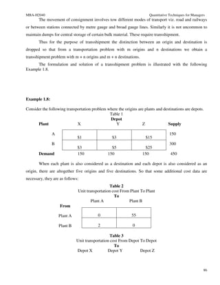 MBA-H2040                                                              Quantitative Techniques for Managers
       The movement of consignment involves tow different modes of transport viz. road and railways
or between stations connected by metre gauge and broad gauge lines. Similarly it is not uncommon to
maintain dumps for central storage of certain bulk material. These require transshipment.
       Thus for the purpose of transshipment the distinction between an origin and destination is
dropped so that from a transportation problem with m origins and n destinations we obtain a
transshipment problem with m + n origins and m + n destinations.
      The formulation and solution of a transshipment problem is illustrated with the following
Example 1.8.




Example 1.8:

Consider the following transportation problem where the origins are plants and destinations are depots.
                                               Table 1
                                               Depot
      Plant                  X                    Y               Z               Supply

               A                                                                    150
                              $1                 $3                  $15
               B                                                                    300
                              $3                 $5                  $25
       Demand                 150              150                 150              450

       When each plant is also considered as a destination and each depot is also considered as an
origin, there are altogether five origins and five destinations. So that some additional cost data are
necessary, they are as follows:
                                                Table 2
                              Unit transportation cost From Plant To Plant
                                                   To
                                      Plant A              Plant B
                    From

                   Plant A               0                   55

                   Plant B               2                   0

                                                Table 3
                             Unit transportation cost From Depot To Depot
                                                   To
                             Depot X           Depot Y           Depot Z



                                                                                                          86
 