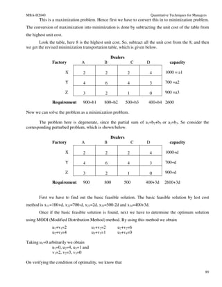 MBA-H2040                                                                 Quantitative Techniques for Managers
       This is a maximization problem. Hence first we have to convert this in to minimization problem.
The conversion of maximization into minimization is done by subtracting the unit cost of the table from
the highest unit cost.
       Look the table, here 8 is the highest unit cost. So, subtract all the unit cost from the 8, and then
we get the revised minimization transportation table, which is given below.

                                                  Dealers
               Factory          A            B                  C     D               capacity

                         X       2            2             2           4          1000 = a1

                         Y       4            6             4           3          700 =a2

                         Z       3            2             1           0          900 =a3

               Requirement       900=b1      800=b2         500=b3     400=b4 2600

Now we can solve the problem as a minimization problem.

       The problem here is degenerate, since the partial sum of a1=b2+b3 or a3=b3. So consider the
corresponding perturbed problem, which is shown below.

                                                  Dealers
               Factory          A            B                  C     D               capacity

                         X       2            2             2           4          1000+d

                         Y       4            6             4           3          700+d

                         Z       3            2             1           0          900+d

               Requirement       900         800         500          400+3d      2600+3d


       First we have to find out the basic feasible solution. The basic feasible solution by lest cost
method is x11=100+d, x22=700-d, x23=2d, x33=500-2d and x34=400+3d.
       Once if the basic feasible solution is found, next we have to determine the optimum solution
using MODI (Modified Distribution Method) method. By using this method we obtain
               u1+v1=2                 u1+v2=2       u2+v2=6
               u2+v3=4                 u3+v3=1       u3+v4=0

Taking u1=0 arbitrarily we obtain
              u1=0, u2=4, u3=1 and
              v1=2, v2=3, v3=0

On verifying the condition of optimality, we know that

                                                                                                             89
 