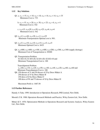 MBA-H2040                                                              Quantitative Techniques for Managers

1.12   Key Solutions

   Q1. a. x11 = 15, x21 = 10, x22 = 10, x32 = 16, x33 = 14, x43 = 35
          Minimum Cost is: 753

       b. x13 = 15, x22 = 20, x33 = 30, x41 = 25, x42 = 6, x43 = 4
          Minimum Cost is: 542

       c. x13=15, x22=20, x33=30, x41=25, x42=6, x43=4
           Minimum Cost is: 542

   Q2. x11=2, x12=40, x21=30, x31=3, x33=25
        Minimum Transportation Optimal cost is: 901.

   Q3. x12=5, x14=10, x22=10, x23=15, x31=5, x34=5
       Minimum Optimal Cost is: $435

   Q4. x15=800, x21=400, x24=100, x32=400, x33=200, x34=300, x43=300 (supply shortage)
       Minimum Cost of Transportation is: $9200

   Q5. Transportation Problem
       S1-D2=10, S1-D3=20, S2-D1=20, S2-D2=10 and
       Minimum Transportation Cost is: 100

      Transshipment Problem
       x11=60, x12=10, x15=20, x22=50, x23=40, x33=40, x34=20, x44=60, x55=60 and
      Minimum Transshipment Cost is: 100
   Q6. 150 dresses of V and 50 dresses of Z by Dress Maker A
       250 dresses of Y by Dress Maker B
       150 dress of Z by Dress Maker C
       100 dress of W and 75 dresses of X by Dress Maker D

       Maximum Profit is: 1687.50

1.13 Further References

Hamdy A Taha. 1999. Introduction to Operations Research, PHI Limited, New Delhi.

Mustafi, C.K. 1988. Operations Research Methods and Practice, Wiley Eastern Ltd., New Delhi.

Mittal, K.V. 1976. Optimization Methods in Operations Research and Systems Analysis, Wiley Eastern
Ltd., New Delhi.




                                                                                                          94
 