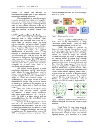 Life Science Journal 2014;11(7) http://www.lifesciencesite.com
http://www.lifesciencesite.com lifesciencej@gmail.com608
contents. This method can overcome the
disadvantages that people have to attach image tags
themselves by subjective judgments.
The methods based on image feature points
use vector quantized values pulled out of image key-
point as a salient area contains rich image
information. We regard images as one 'bag of visual
word' like the documents considered as one 'bag of
word' in text-based search, and use preconfigured the
visual-word vocabulary to classify images (Yang,
2010).
2.2 SIFT algorithm and image classification
In a wide variety of image application
technology such as image recognition, object
recognition, face recognition and solving for 3D
images based on computer vision, the image
matching technology has been developed. To match
different images extracts the image features that have
lots of properties. The features are invariant to
scaling, rotation and changes. Lowe suggested
DoG(Difference of Gaussian), which is using
difference of Gaussian scale space theory, to apply
SIFT algorithm (Lowe, 2004). He proved that SIFT
algorithm with DoG showed the best performance in
image matching technology. The SIFT algorithm
extract image feature vectors. The feature vectors are
called keypoints. The keypoints with constructed
descriptors can be called visual words as an
intermediate image characterization.
The method building keypoint to vector
quantization, DoG detector and SIFT algorithm are
usually adopted in image classification based on
feature points. Using SIFT algorithm as an image
keypoint descriptor, we can extract robust features of
images in scalable and rotational changes. The
keypoints derived from images are used to find the
nearest-neighbor indexes. These indexes can generate
the histogram of visual words. The histogram can be
used to make a kernel map to classify the image
categories.
There were studies to classify the image
categories with extracting feature algorithm
SURF(Speeded Up Robust Feature) constructing
image visual words (Cho et al., 2012, Kim et al.,
2012). The SURF is a feature detector and first
presented by Herbert Bay (Bay et al., 2008). It uses
an integer approximation.
In image classification performance between
SIFT and SURF, even the SIFT method is slower
compared to SURF (Lim and Lee, 2009), but we use
SIFT algorithm because of the high accuracy of SIFT
method. SIFT method's main focus is not speed, but
the high accuracy. The image matching process with
SIFT is advantageous because it produces robust
features of images in scalable and rotational changes
(Choi et al., 2012).
Figure 1. Image detection process
We used open library VLFeat (Andrea and
Brian, 2010) in the implementation of image
classification system. Figure 1 shows the image
classifying process based on SIFT in VLFeat.
PHOW: This process is extracting the
features of image. Isotropic Gaussian kernel is used
to blur the images. The Gaussian kernel uses DoG
filter, which followed by the Gaussian smoothing,
removes fine details of images and increases
execution time. Edges and corners of image are used
for extracting features in images. Frist, Gaussian
smoothing filter is applied to a single grayscale
image in order to reduce its sensitivity to noise and
then detects the image regions of rapid intensity
change and the regions are used for edge and corners
detection. And then SIFT algorithm extracts a dense
set of features from image VLFeat (Andrea and Brian,
2010). It returns columns storing the center (x, y) of a
keypoint frame and a number of keypoints matrix
with one descriptor per column. The extracted
keypoints detect the keypoint gradients through the
detector. The gradients construct 4x4 array of
histogram which has the vectors of eight directions.
Figure 2. The image gradients construct 4x4 array of
Keypoint descriptor which has the vectors of eight
directions.
Visual Words: To make visual words, k-
means algorithm is applied to the result of PHOW
process. k-means algorithm clusters the columns of
the matrix in the number of centers using k-means
algorithm (Richard, 2010). It returns a set of vectors
 