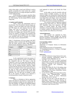 Life Science Journal 2014;11(7) http://www.lifesciencesite.com
http://www.lifesciencesite.com lifesciencej@gmail.com610
center values make a visual word. KD-tree is used to
quickly accumulate the visual words into a spatial
histogram and uses it as image descriptors and fed to
a linear SVM classifier.
SVM classifier uses pegasos algorithm (Shai,
2007) which is a modified stochastic gradient method
for SVM training. Test the trained SVM to classify
image data.
4. Analysis and Evaluation
Table 2 shows the experimental result of
classification. The 30 randomly selected images per
category, a total of 90 images were used as test data
and 700 images for each category from the 1,001
images were used as training data. In the 'bird'
category, 21 images were classified correctly from
the total of 30 images, and it showed 70% accuracy.
In the 'car' category, 22 images were classified with
73.33% accuracy, and 19 images in the 'sea' category
were classified with 68.33% accuracy. As a result,
the average accuracy indicated 68.89%.
Table 2. Classification of 30 test images with SIFT
algorithm, which is trained with 700 training images
from the Flickr retrieval results using Wikipedia-
based semantic relatedness (Accuracy: 68.89%)
Category
classified
images
Accuracy
bird 21 70%
car 22 73.33%
sea 19 63.33%
Total 62 68.89%
As the experimental result, the accuracy of
68.89% is lower than the accuracy of 94.00% from
the Caltech101 data set. The reason is that the
Caltech101 is the set of image data already refined.
But we used the 2,100 retrieved real images from the
Flickr site for training classifier. However, higher
accuracy than the previous result of 65.6% (Cho et al.,
2012) was recorded. So this result represents that in
the bag of visual word approaches, using SIFT
algorithm for a feature detector is better than SURF
algorithm. The 3.4% gab may be thought as small,
but as the amount of images to be retrieved is
increasing quickly, the gab is expected to grow.
5. Summary
There is a limitation to find an appropriate
image only based on tags because so many tags and
they are attached to images by users subjectively. To
solve this problem, we suggest an integrated method
using semantically related tags and bag of visual
word approach to retrieve and classify the Flickr
images.
In this study, to train the classifier with real
internet images of higher accuracy, we used the
retrieved images with semantically related tags based
on Wikipedia. For training data we used the retrieved
result from Flickr web images. And we showed that
using SIFT algorithm to extract the image features
can improve the accuracy of image classification.
The accuracy could be improved compared
to the previous study (Cho et al., 2012) by applying
SIFT algorithm, using more categories, and high
number of training images. By using semantic
relatedness of tags and image content itself, we plan
to continue research for improving the accuracy of
image classifier more effectively in the future.
Acknowledgements:
This research was supported by Basic
Science Research Program through the National
Research Foundation of Korea(NRF) funded by the
Ministry of Education (2010-0013307).
Corresponding Author:
Dr. Soosun Cho
Department of Computer Science & Information
Engineering
Korea National University of Transportation
157 Cheoldoparkmulgwan-ro, Uiwang-si, Gyeonggi-
do, 437-763, Korea
E-mail: sscho@ut.ac.kr
References
1. Lowe DG. Distinctive image features from scale-
invariant keypoints, International Journal of
Computer Vision 2004;60(2): 91-110.
2. Cho SW, Lee S, Cho S. Visual word-based
Classification of Images Including Background
Objects. Proceedings of the Korea Information
Processing Society Fall Conference, Jeju
University, 2012.
3. Kweon DH, Hong JH, Cho S. Re-ranking using
WordNet in Tag-based Web Image Retrieval.
Proceedings of the Korea Multimedia Society
Fall Conference, 2008.
4. Lee SJ, Cho S. Tagged Web Image Retrieval Re-
ranking with Wikipedia-based Semantic
Relatedness. Journal of Korea Multimedia
Society, 2011;1(11): 1491-99
5. Kim SR, Yoo HJ, Son J, Oh CB, Sohn KH. A
Scale-Space based on Bilateral Filtering for
Robust Feature Detection in SIFT. Proceedings
of the Korea Society of Broadcast Engineers Fall
Conference, Jeju University, 2012.
 