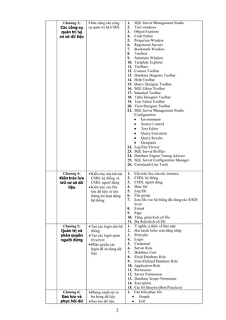 2
Chƣơng 3:
Các công cụ
quản trị hệ
cơ sở dữ liệu
Chức năng các công
cụ quản trị hệ CSDL
1. SQL Server Management Studio
2. Tool windows
3. Object Explorer
4. Code Editor
5. Properties Window
6. Registered Servers
7. Bookmark Window
8. Toolbox
9. Summary Window
10. Template Explorer
11. Toolbars
12. Custom Toolbar
13. Database Diagram Toolbar
14. Help Toolbar
15. Query Designer Toolbar
16. SQL Editor Toolbar
17. Standard Toolbar
18. Table Designer Toolbar
19. Text Editor Toolbar
20. View Designer Toolbar
21. SQL Server Management Studio
Configuration
Environment
Source Control
Text Editor
Query Execution
Query Results
Designers
22. Log File Viewer
23. SQL Server Profiler
24. Database Engine Tuning Advisor
25. SQL Server Configuration Manager
26. Command-Line Tools
Chƣơng 4:
Kiến trúc lưu
trữ cơ sở dữ
liệu
Kiến trúc lưu trữ các
CSDL hệ thống và
CSDL người dùng
Kiến trúc các file
lưu dữ liệu và lưu
thông tin hoạt động
hệ thống
1. Cấu trúc lưu của các instance
2. CSDL hệ thống
3. CSDL người dùng
4. Data file
5. Log file
6. File group
7. Lưu file vào hệ thống đĩa dùng các RAID
level
8. Extent
9. Page
10. Tăng, giảm kích cỡ file
11. Dự đoán kích cỡ file
Chƣơng 5:
Quản trị và
phân quyền
người dùng
Tạo các login cho hệ
thống
Tạo các login quản
trị server
Phân quyền các
login để sử dụng dữ
liệu
1. Ý nghĩa, ý thức về bảo mật
2. Hai mode kiểm soát đăng nhập
3. Principle
4. Login
5. Credential
6. Server Role
7. Database User
8. Fixed Database Role
9. User-Defined Database Role
10. Application Role
11. Permission
12. Server Permission
13. Database Scope Permission
14. Encryption
15. Các lời khuyên (Best Practices)
Chƣơng 6:
Sao lưu và
phục hồi dữ
Phòng tránh rủi ro
hư hỏng dữ liệu
Sao lưu dữ liệu
1. Các kiểu phục hồi
Simple
Full
 