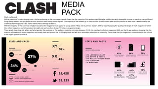 MEDIA
PACK

Clash media pack
With a majority of readers buying music, clothes and going to the cinema each week shows that the majority of the audience will likely be middle class with disposable income to spend on many different
things More readers also buy physical music products over buying music digitally. The majority of the readers go to bars or clubs at least once a week and buy alcohol at least once a week showing the
audience of the magazine is for adults rather then a teenage audience
With the majority of the audience in higher education the magazine must appeal to young adults if they are its primary readers. With a majority saying the quality and design of clash magazine is better
then other magazines and is its greatest strength and see how they design. To help my magazine design.
These graph show how old, where and what gender the audience is. The audience majority are males between 21-30 this matches the 2other magazines NME and the fly age audience showing that the
majority off readers off music magazines are usually male and around the 20-30 age groups and will be in secondary education or university. These show that the magazine is concentrated in the UK and
is not hugely popular outside it.

 