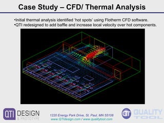 Case Study – CFD/ Thermal Analysis Initial thermal analysis identified ‘hot spots’ using Flotherm CFD software. QTI redesigned to add baffle and increase local velocity over hot components. 