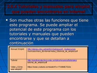 2.6.4 Tutoriales y manuales para winplot2.6.4 Tutoriales y manuales para winplot
que pueden encontrarse en internetque pueden encontrarse en internet
 Son muchas otras las funciones que tieneSon muchas otras las funciones que tiene
este programa. Se puede ampliar eleste programa. Se puede ampliar el
potencial de este programa con lospotencial de este programa con los
tutoriales y manuales que puedentutoriales y manuales que pueden
encontrarse y que se detallan aencontrarse y que se detallan a
continuacióncontinuación
 