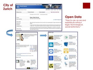 City of
Zurich
“Free to use, re-use and
redistribute without
legal, technological,
social restrictions.”
Open Data
 