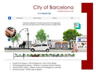 City of Barcelona
smartcity.bcn.cat
• Smart City Areas + #3 Conference City in the World
• Prototyping Barcelona – Citizens + business (Smart Hacks)
• Smart traffic Lights – Green waves for Emergency vehicles
• School routes – traffic free & green
 