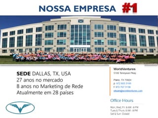 NOSSA EMPRESA 
SEDE DALLAS, TX, USA 
27 anos no mercado 
8 anos no Marketing de Rede 
Atualmente em 28 países 
 