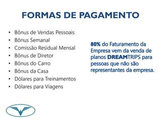 FORMAS DE PAGAMENTO 
• Bônus de Vendas Pessoais 
• Bônus Semanal 
• Comissão Residual Mensal 
• Bônus de Diretor 
• Bônus do Carro 
• Bônus da Casa 
• Dólares para Treinamentos 
• Dólares para Viagens 
 