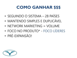 COMO GANHAR $$$ 
• SEGUINDO O SISTEMA – 28 PAÍSES 
• MANTENDO SIMPLES E DUPLICÁVEL 
• NETWORK MARKETING = VOLUME 
• FOCO NO PRODUTO* - FOCO LÍDERES 
• PRÉ-EXPANSÃO! 
 
