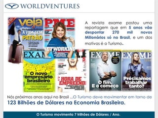 A revista exame postou uma 
reportagem que em 5 anos vão 
despontar 270 mil novos 
Milionários só no Brasil, e um dos 
motivos é o Turismo. 
Nós próximos anos aqui no Brasil ...O Turismo deve movimentar em torno de 
123 Bilhões de Dólares na Economia Brasileira. 
O Turismo movimenta 7 trilhões de Dólares / Ano. 
 