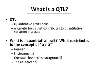 What is a QTL?
• QTL
– Quantitative Trait Locus
– A genetic locus that contributes to quantitative
variation in a trait
• What is a quantitative trait? What contributes
to the concept of “trait?”
– Genes?
– Environment?
– Cross/allele/species background?
– The researcher?
 