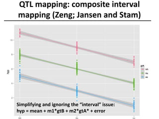 QTL mapping: composite interval
mapping (Zeng; Jansen and Stam)
Simplifying and ignoring the “interval” issue:
hyp = mean + m1*gtB + m2*gtA* + error
 