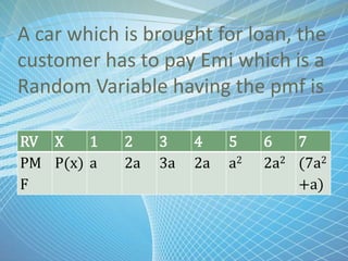 A car which is brought for loan, the
customer has to pay Emi which is a
Random Variable having the pmf is
RV X 1 2 3 4 5 6 7
PM
F
P(x) a 2a 3a 2a a2 2a2 (7a2
+a)
 